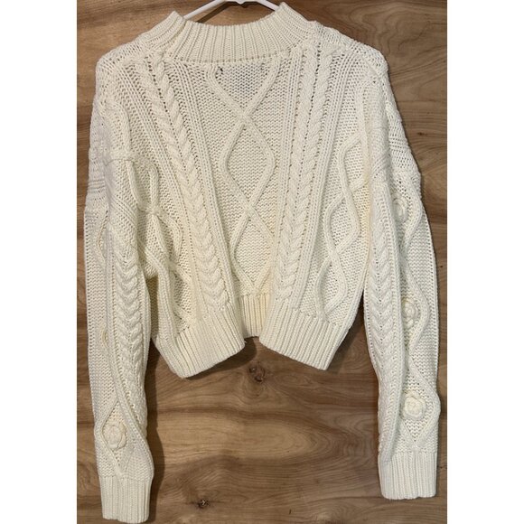 ivory cable knit sweater mock neck, long sleeve flower appliqués Small Forever21 - Picture 2 of 6